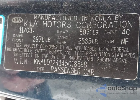 2004 Kia Amanti z USA, uszkodzony, nr VIN KNALD124145018598